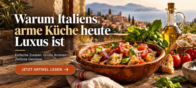 Traditionelle italienische Bauernküche mit Brot, Bohnen und Gemüse als Symbol für nachhaltigen Genuss