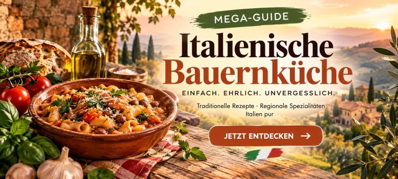 Übersicht italienischer Bauernküche mit typischen Zutaten, Gerichten und regionalen Spezialitäten