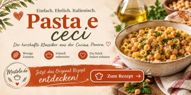 Pasta e Ceci mit Kichererbsen, Pasta und Olivenöl in einer rustikalen italienischen Schale