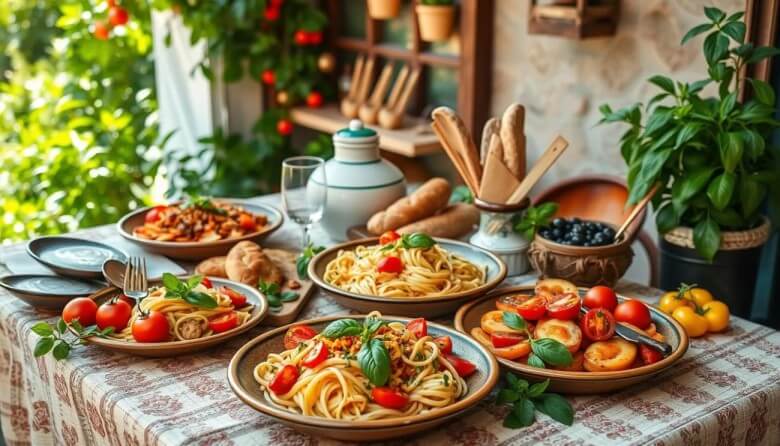 Klassische Cucina Povera mit Brotgerichten, Gemüse und Olivenöl.