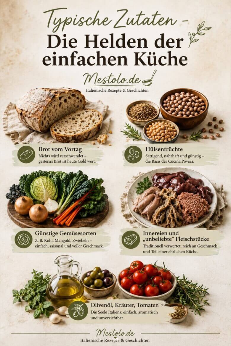 Olivenöl, Brot, Hülsenfrüchte und Gemüse – typische Produkte der Cucina Povera.
