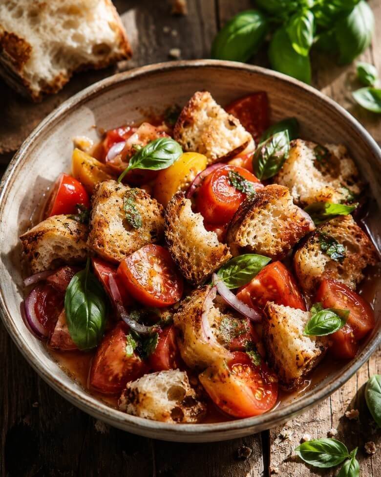 Klassische Panzanella mit Brot, Tomaten und Olivenöl