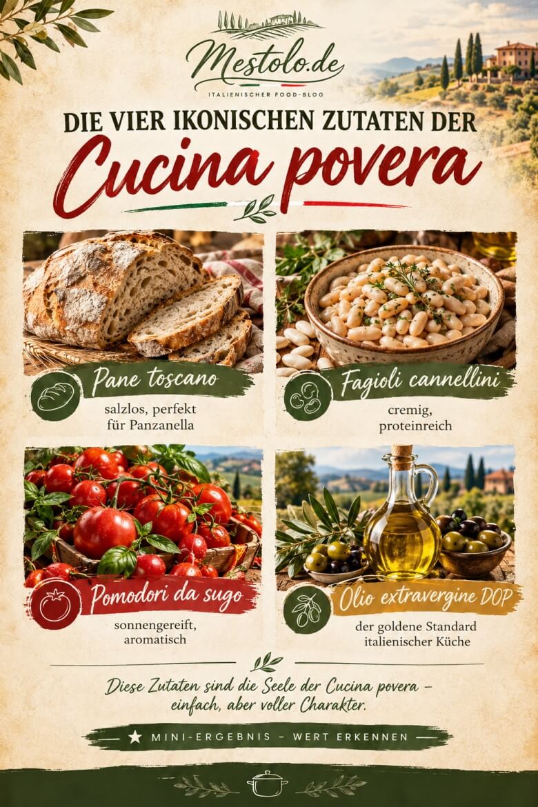 Typische Zutaten der Cucina povera wie Brot, Bohnen und Olivenöl