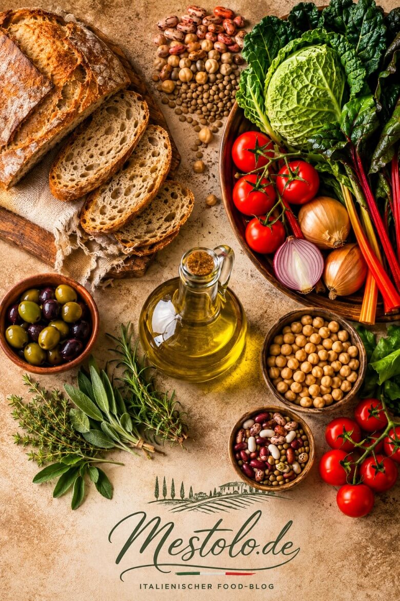 Typische Produkte der Cucina Povera wie Brot, Bohnen und Olivenöl