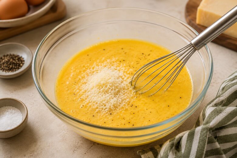 Cremige Eiermasse mit Parmesan, Salz und Pfeffer wird in einer Schüssel verquirlt für klassische Frittata di Pasta.