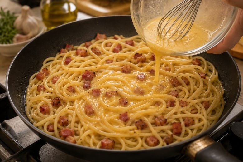 Eiermischung wird gleichmäßig über die Spaghetti in der Pfanne gegossen für Frittata di Pasta.