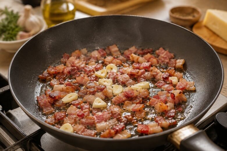 Knusprig gebratene Pancetta in Olivenöl, dazu frisch angerösteter Knoblauch für Frittata di Pasta.