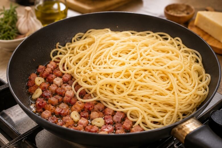 Gekochte Spaghetti werden in der Pfanne mit Pancetta und Knoblauch vermengt für Frittata di Pasta.