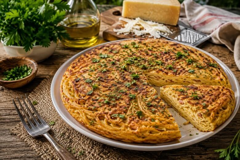 Frittata di Pasta wird mit frischen Kräutern bestreut und warm oder kalt serviert.