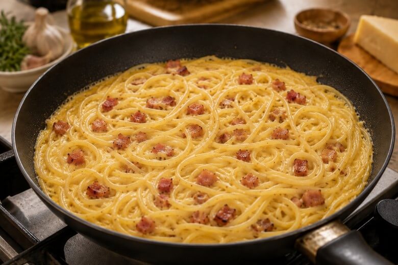 Frittata di Pasta stockt in der Pfanne bei mittlerer Hitze, die Unterseite wird knusprig.