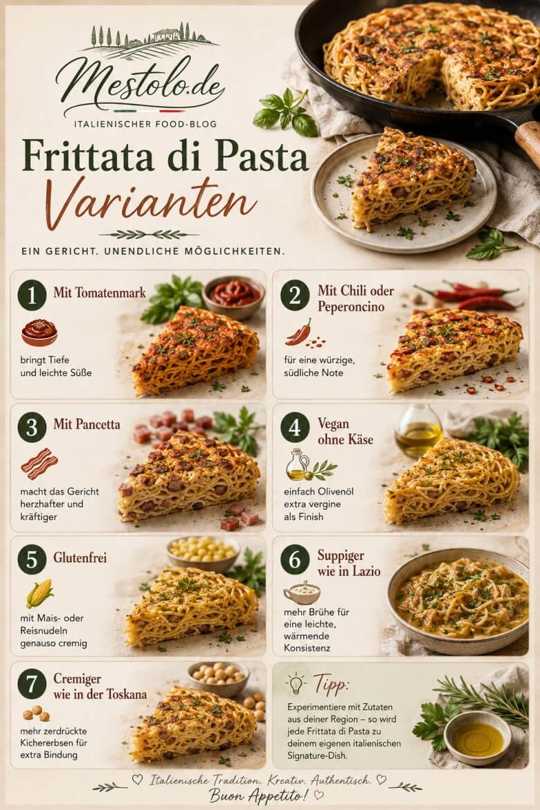 Mehrere Varianten der Frittata di Pasta – mit Mozzarella, Peperoncino, Pancetta und Kräutern – als italienisches Alltagsgericht aus der neapolitanischen Cucina Povera.