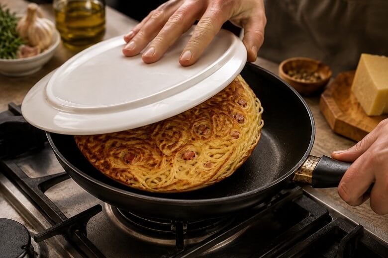 Frittata di Pasta wird mit einem Teller gewendet und zurück in die Pfanne gleiten gelassen.