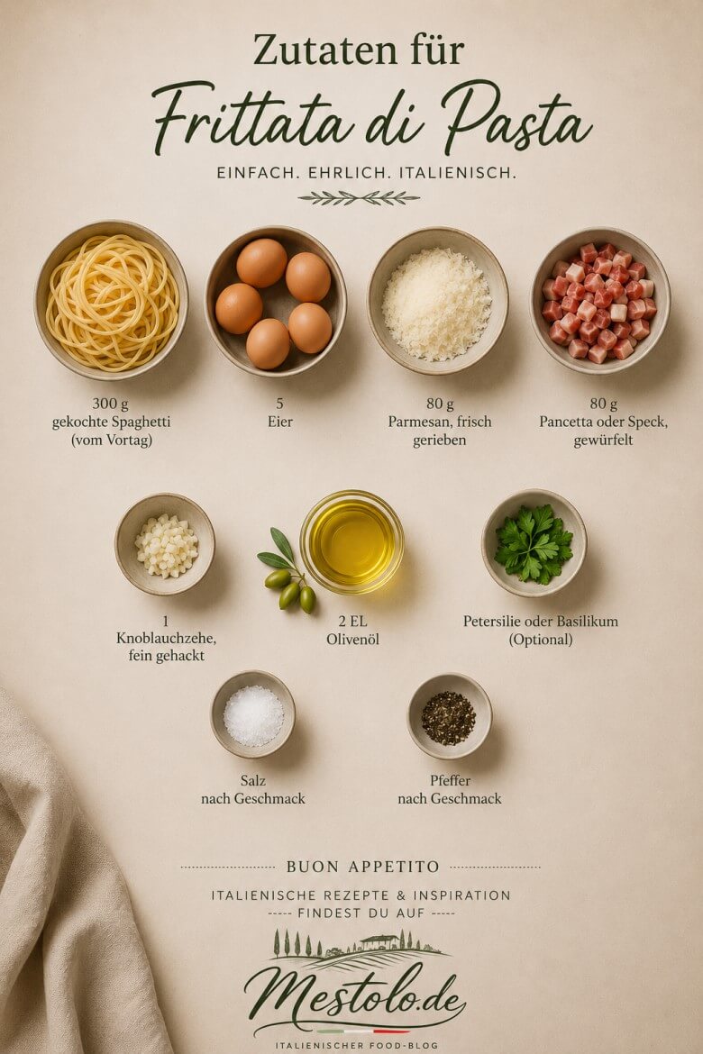 Zutaten für klassische Frittata di Pasta: gekochte Spaghetti, Eier, Parmesan, Pancetta, Knoblauch, Olivenöl und Kräuter – italienische Resteküche aus Neapel.