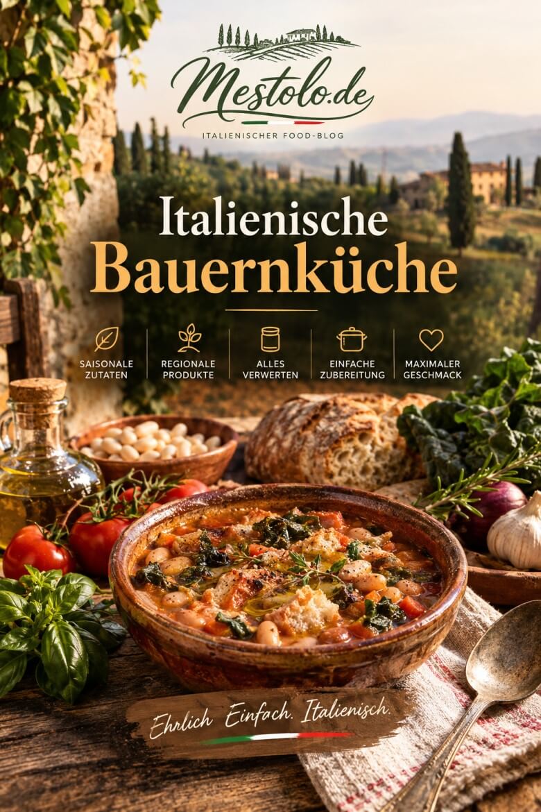 Merkmale der Cucina Povera mit regionalen Zutaten und nachhaltigem Kochen dargestellt