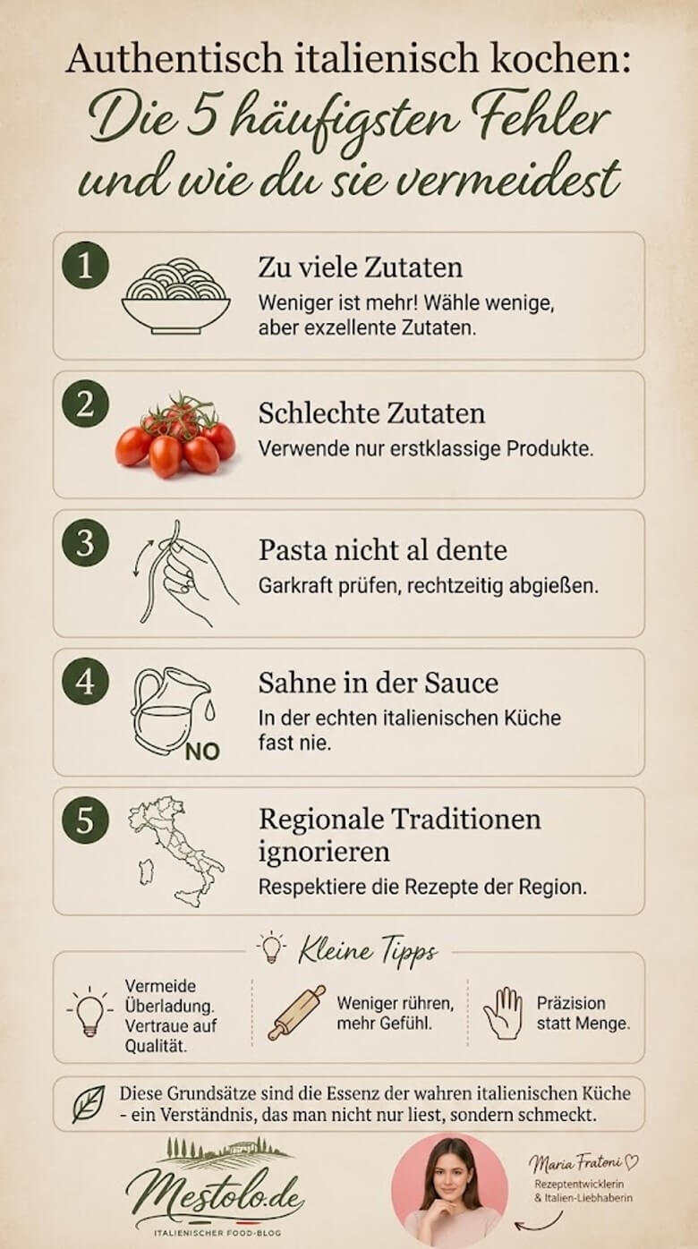 Typische Fehler beim italienischen Kochen wie zu viele Zutaten, Sahne in Originalrezepten und überkochte Pasta