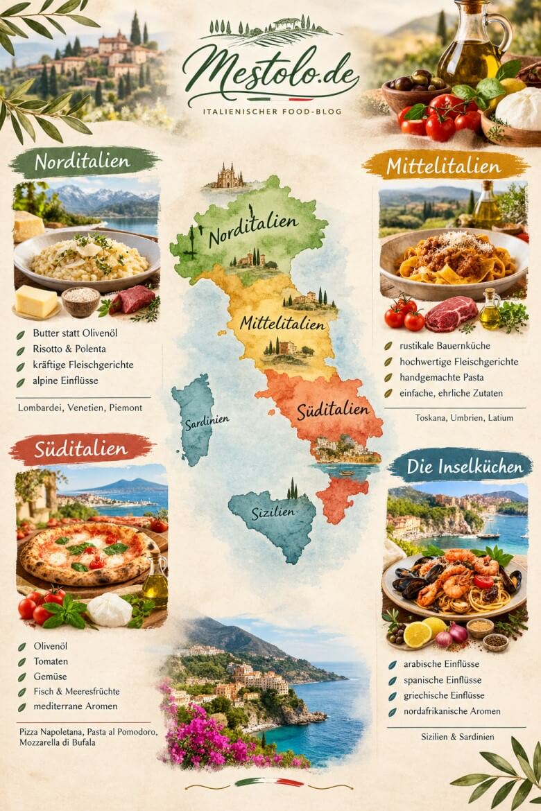 Karte Italiens mit kulinarischen Regionen und typischen Spezialitäten von Norditalien bis Sizilien