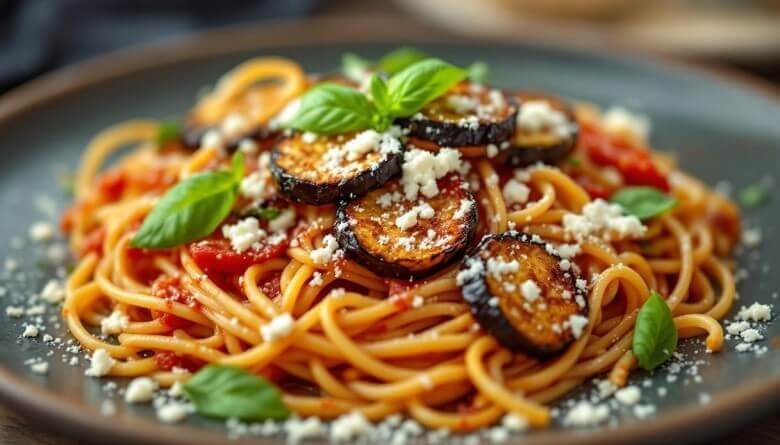 Pasta alla Norma mit Auberginen, Tomatensauce und Ricotta als klassische sizilianische Spezialität