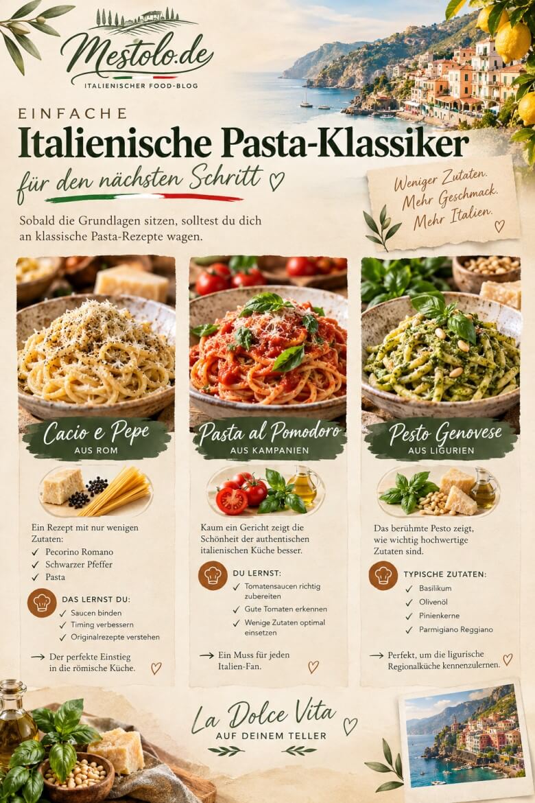 Italienische Pasta-Klassiker wie Cacio e Pepe, Pasta al Pomodoro und Pesto Genovese