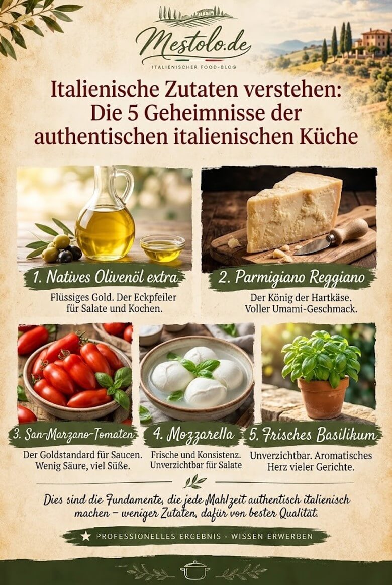 Authentische italienische Zutaten mit Olivenöl, Parmigiano Reggiano, Basilikum, Mozzarella und San-Marzano-Tomaten