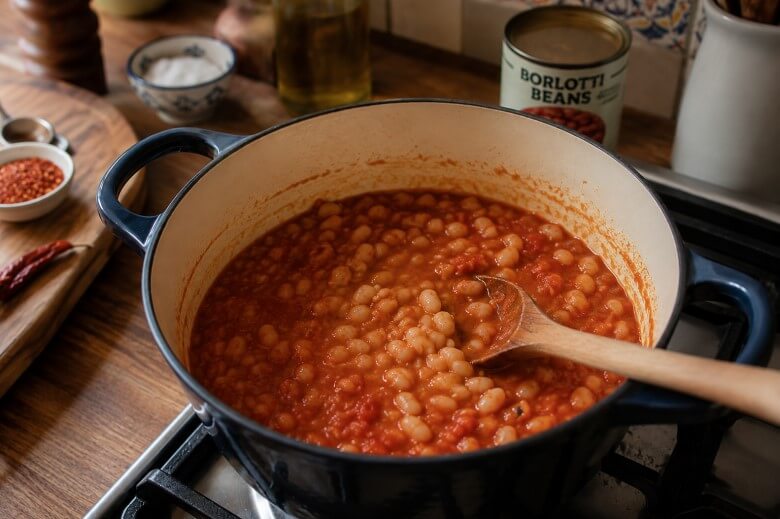 Bohnen zur Pasta e Fagioli zugeben