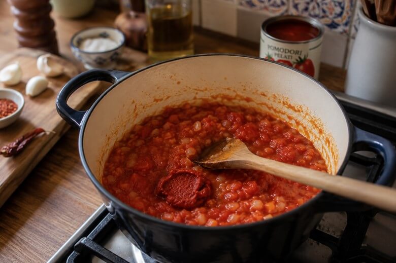 Tomatenmark zur Pasta e Fagioli zugeben