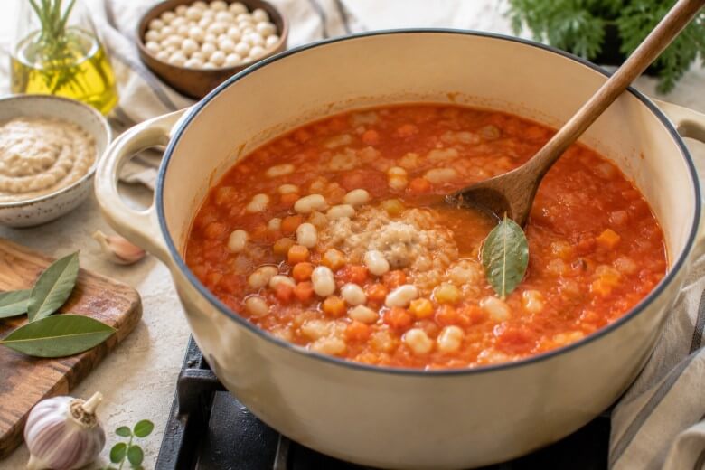 Cucina Povera Rezept - Tomaten und Bohnen zugeben