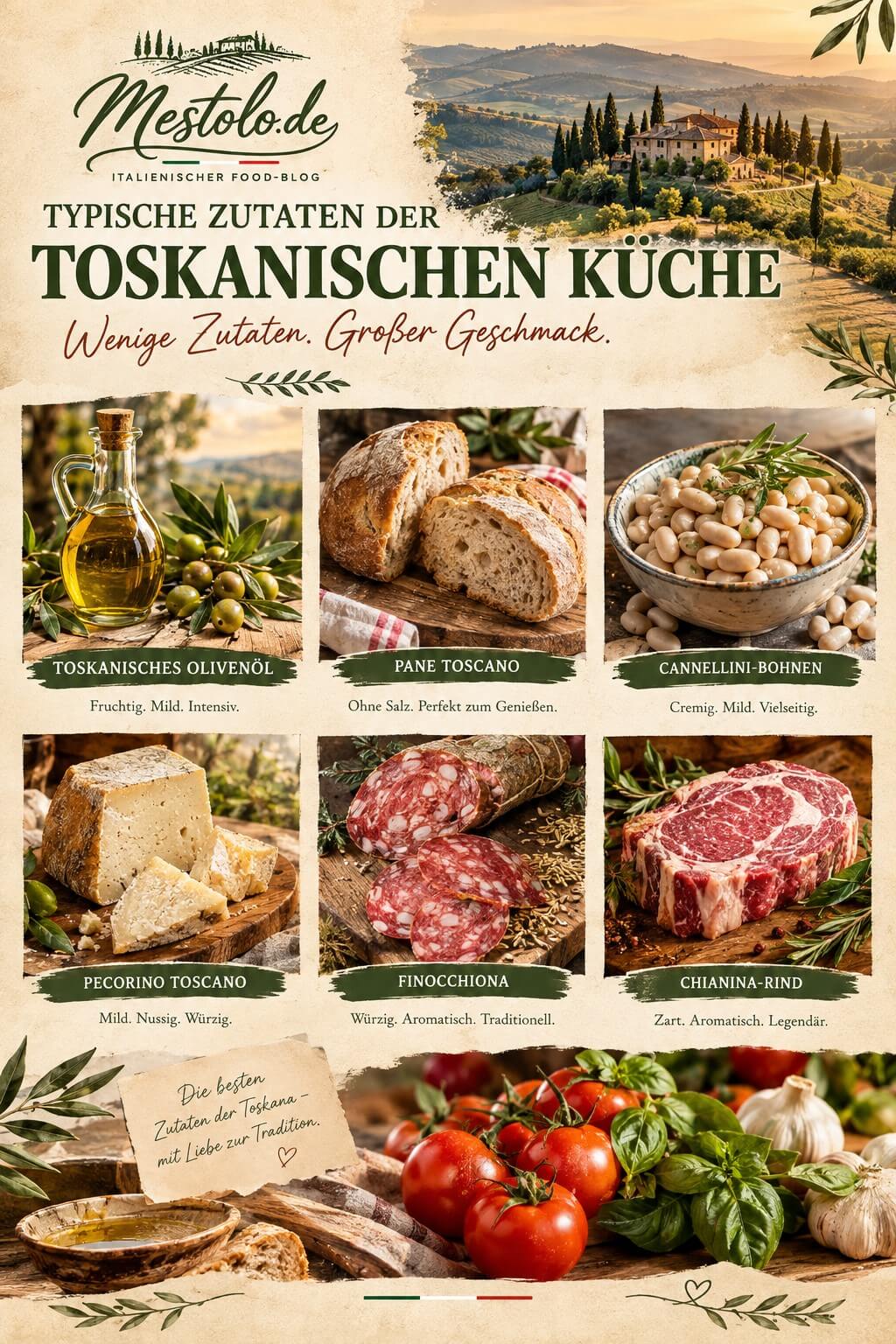 Typische Zutaten der toskanischen Küche mit Olivenöl, Pecorino Toscano, Cannellini-Bohnen und frischen Kräutern