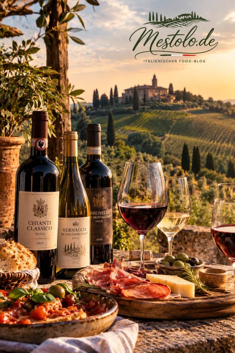 Toskanische Weine wie Chianti Classico, Brunello di Montalcino und Vino Nobile di Montepulciano