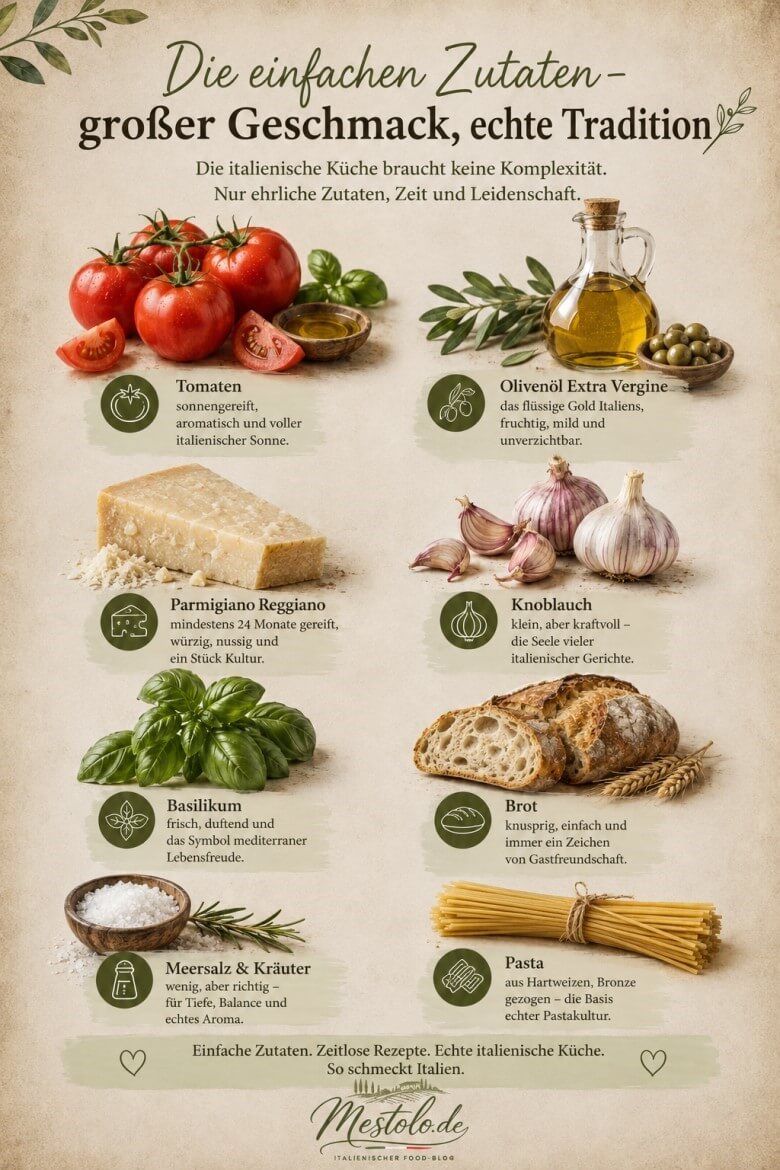 Typische italienische Zutaten wie Olivenöl, Brot, Tomaten, Kräuter und Bohnen