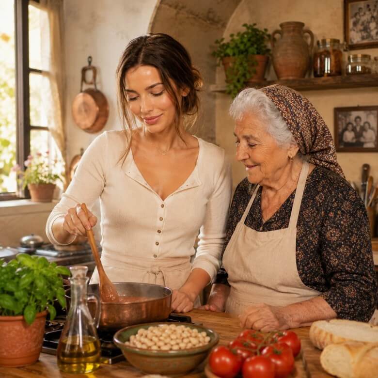 Italienische Nonna beim Kochen traditioneller Gerichte – Familienküche mit Herz