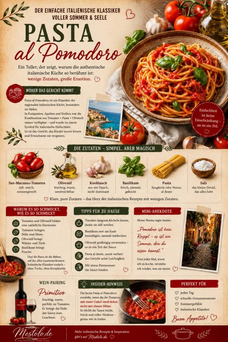 Pasta al Pomodoro mit frischer Tomatensauce und Basilikum – traditionelles italienisches Pastagericht