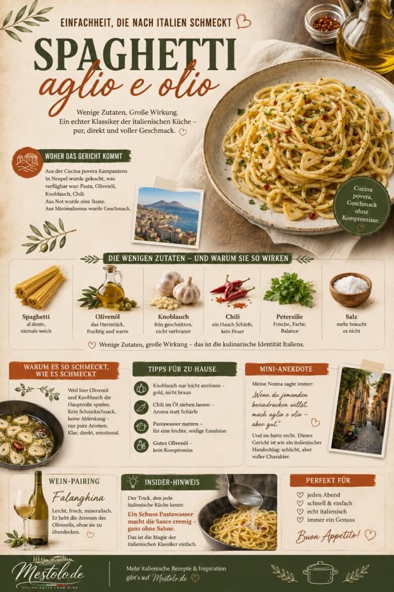 Spaghetti aglio e olio mit Knoblauch, Olivenöl und Chili – italienischer Klassiker mit wenigen Zutaten