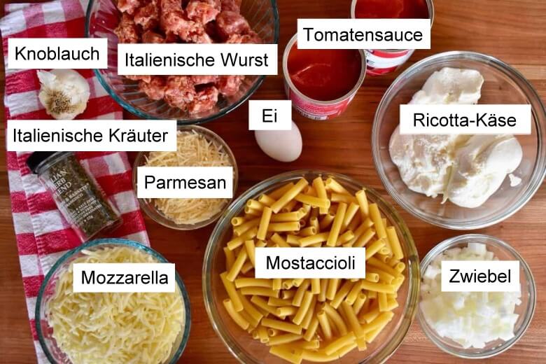 Zutaten für überbackene Mostaccioli