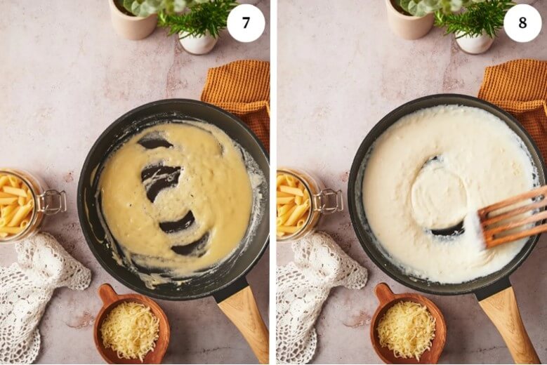 Béchamel-Sauce: Milch und Parmigiano Reggiano hinzufügen