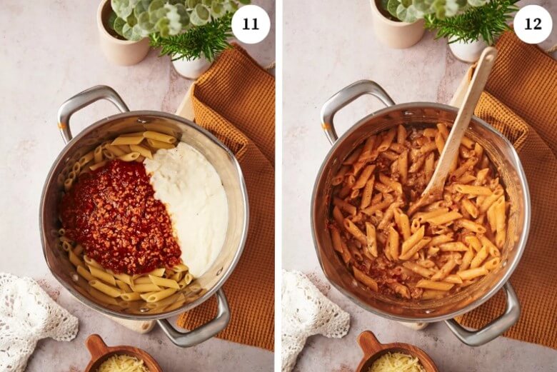 Penne, Hackfleisch-Sauce und Béchamel gut durchmischen