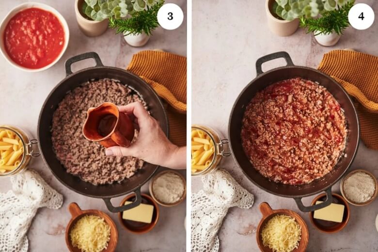 Mit Weißwein ablöschen und Tomaten zugeben